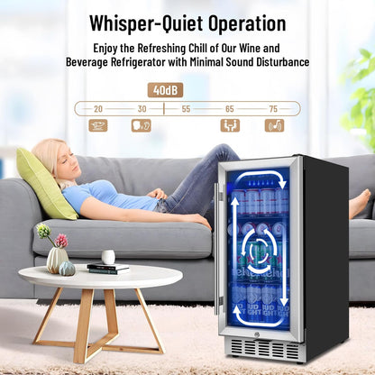 15 Inch Beverage Refrigerator, 130 Can Capacity Under Counter Fridge with Lock & Glass Door, Quiet Built-in or Freestanding Beer Cooler, Powerful Compressor for Fast Cooling