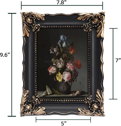 5x7 Vintage Picture Frame with Embossed Flower Design, Black Ornate Frame for 5x7 Pictures, Hand-Crafted Resin Antique Frames for Tabletop & Wall Hanging, Home Decor (Black)