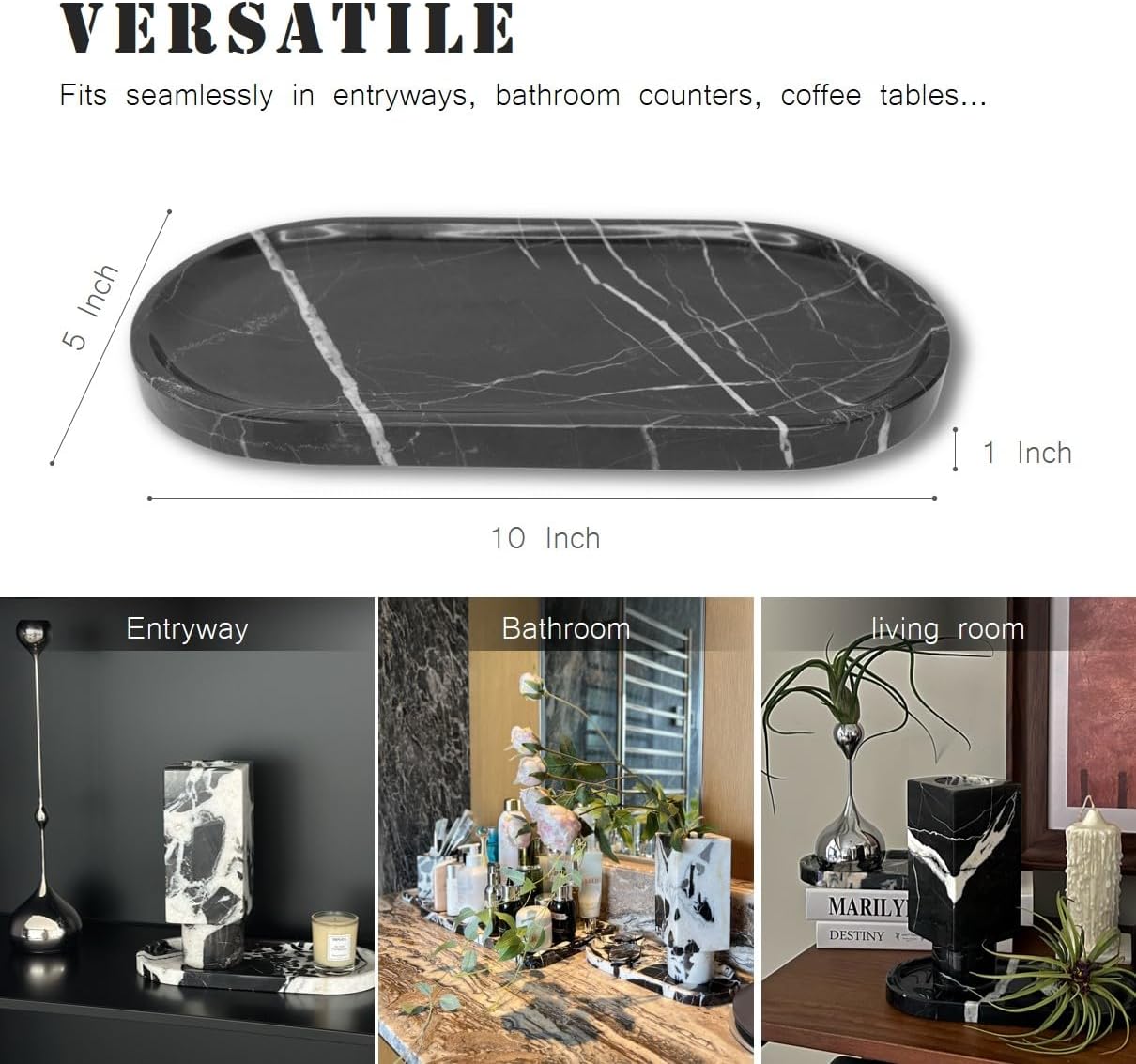 JINGJU Black Root Marble Oval Tray 10x5inches, Natural Stone Decorative Tray for Jewelry, Candle, Bathroom Counter, Coffee Table