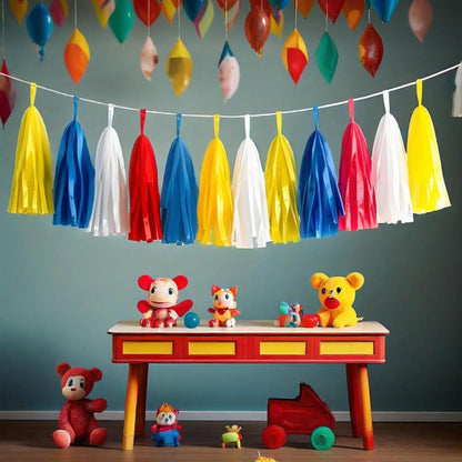Tissue Paper Tassel Garland Banner, 20 Pack, Red Blue Yellow White, Party Decorations for Birthday, Baby Shower