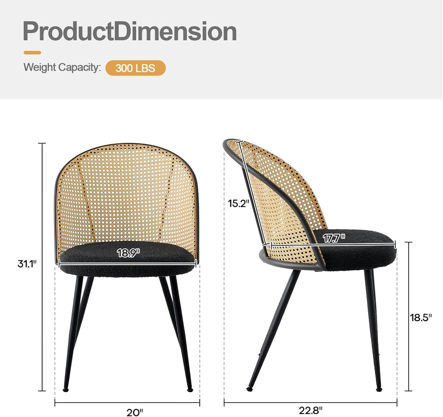 Rattan Dining Chairs Set of 6, Mid-Century Modern Kitchen Dining Room Chairs with Full Cane Backrest Armless Upholstered Farmhouse Boucle Dining Chairs with Metal Leqs for Dining Room, Black