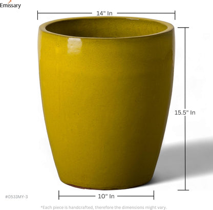 Emissary Bullet 14 in. Mustard Yellow Ceramic Round Planter (14 in. L x 14 in. W x 15.5 in. H) with Drainage Hole