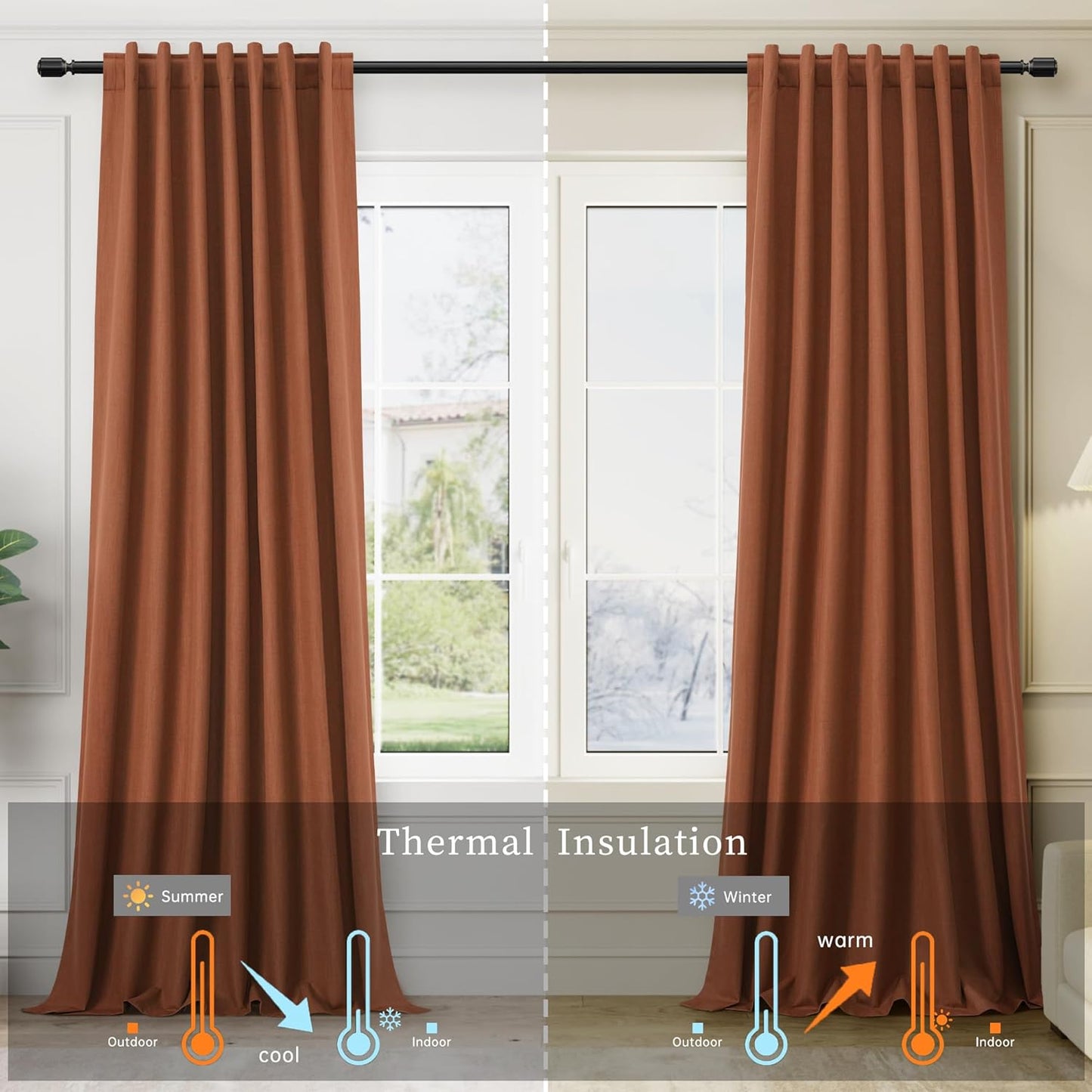 BOODII Terracotta Linen 100% Blackout Curtains 108 Inch Extra Long Room Darkening Light Blocking Thermal Insulated Window Drapes Back Tab for Living Dining Room Flax Linen Look Curtains Burnt Orange