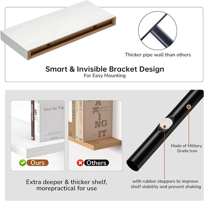 Fun Memories Floating Shelves - 16 Inch Rustic White Wall Shelf - Wall Mounted Shelves for Wall Decor Storage - Wooden Shelves with Invisible Brackets for Living Room, Bedroom, Kitchen, 2 Pack