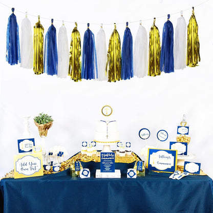 Navy-Blue White-Gold Tassel Garland Streamers- 15pcs Tissue Paper Tassels Banner Party Decorations Men Boy Birthday Graduation Bachelorette Engagement Backdrop Hanging Decor Panduola