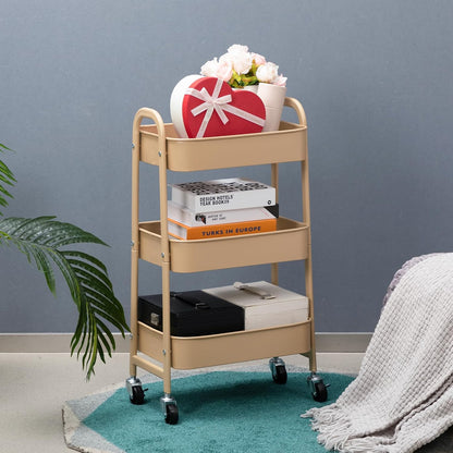AGTEK Makeup Cart, Movable Rolling Organizer Cart, 3 Tier Metal Utility Cart with Lockable Wheels for Home & Office, Golden