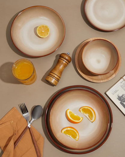 Stoneware Dinnerware Set Service for 4, 12 pcs Reactive Glaze Plates and Bowls Sets, Handmade Round Dishes Set, Highly Chip and Crack Resistant Modern Plate Set, Brown Yellow