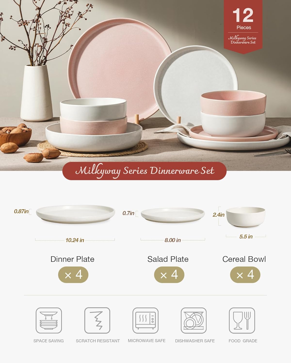 Famiware Milkyway Plates and Bowls Sets, 12 Pieces Dinnerware Sets, Reactive Glaze Dish Set, Stoneware Dishes Set for 4, Matte White & Light Pink