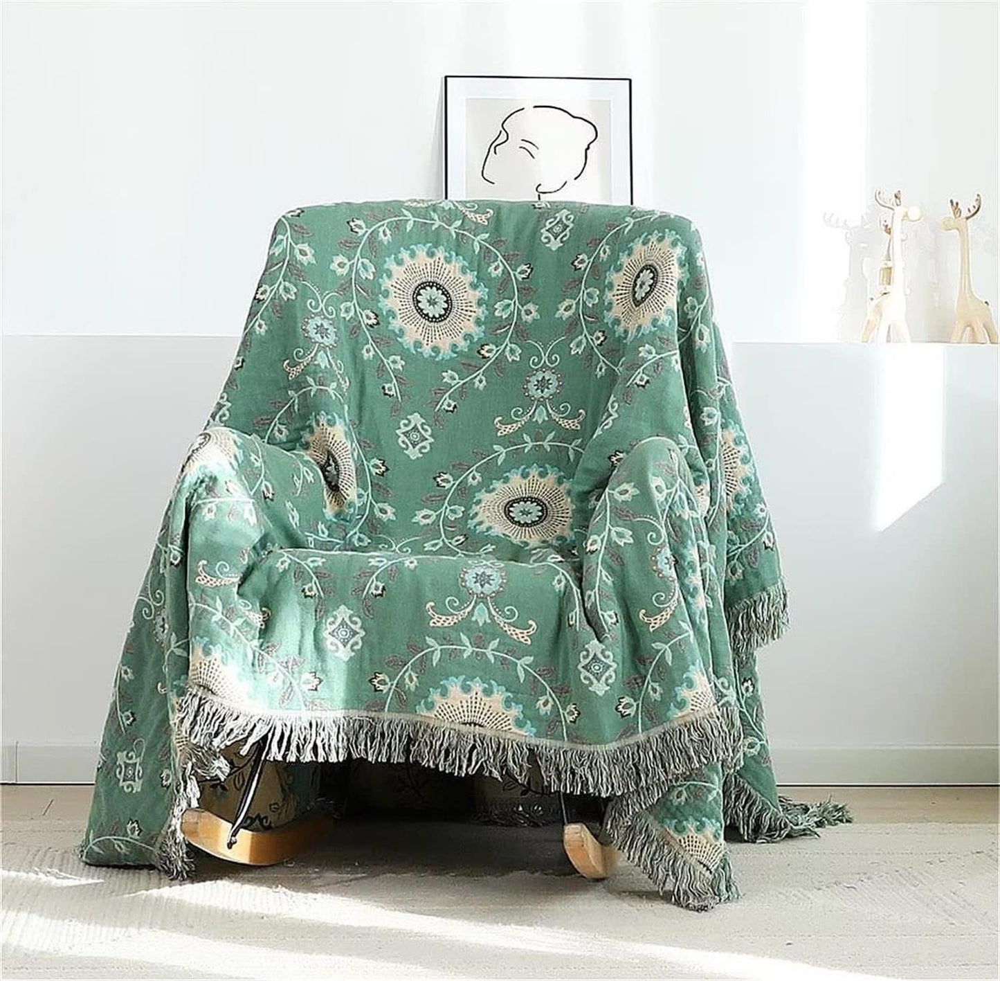 MSGKV Green Boho Throw Blanket for Bed Couch,100% Cotton Mexican Picnic Blankets Travel Blanket 80''x 90'', Super Soft Lightweight Muslin Blanket for Bedroom Living Room Boho Decor