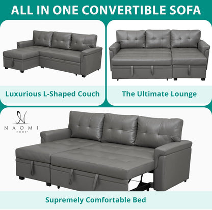 Naomi Home L-Shaped Reversible Sectional Sofa with Pull-Out Sleeper Bed and Storage Chaise, Gray Air Leather