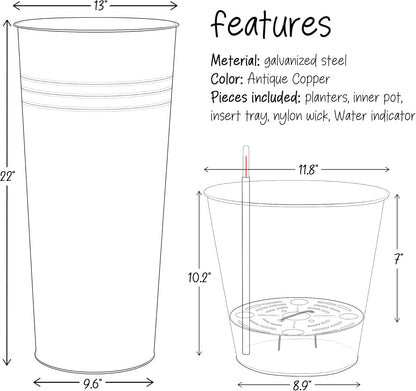 KOL 22''H 2-Pack Planter with Water Level Indicator - Galvanized Steel Pot - Self Watering Planters Flower Pot for Plant - Inner Pot Design - Round Metal Planter Box - Indoor Outdoor Planting - Bronze