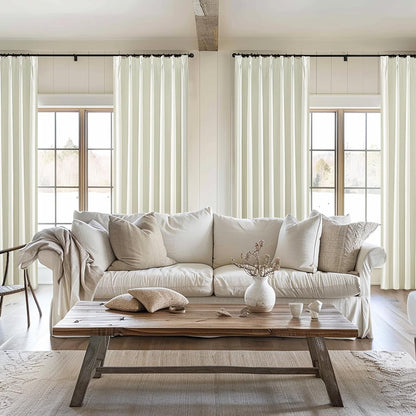 Cream White Viral Blackout Canvas Curtains 100 Inches Long 2 Panels Set for Bedroom, Neutral Pinch Pleated Linen Heavy Thermal Curtains for Winter Room Darkening Insulated Window Drapes 40x100 Inch