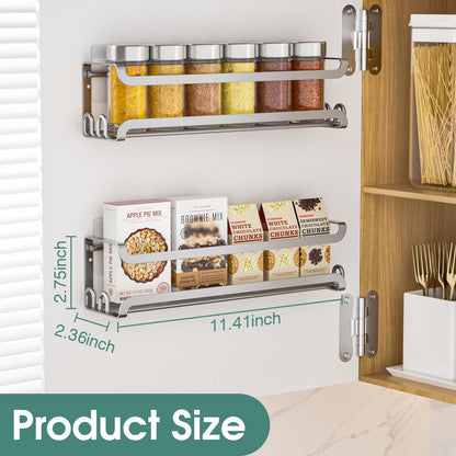 LUCYCAZ 4 Pack Wall Mounted Spice Rack with 16 Hooks, Spice Organizer Shelf for Stove Cabinet Pantry Door,Screw or Adhesive Spice Shelf Hanging Wall Spice Rack in Kitchen and RV (Silver, 4 PACK)
