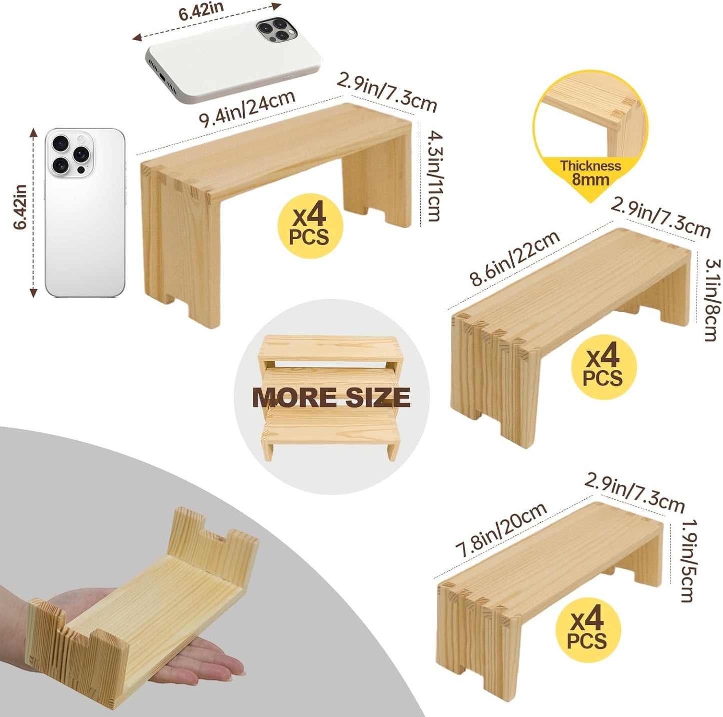 Display Wood Risers Wooden Stand 3 Tier 4 Set 12 Pieces Wooden Stands Decorative Rectangular Display Cupcake Stands Perfume Racks Cologne Organizer(Nature)