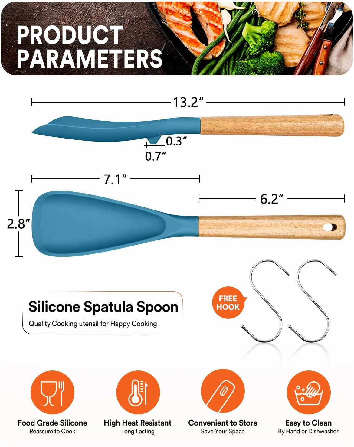 Cooking Spoon for Nonstick Cookwares, Great for Cooking and Serving Sturdy BPA-Free Matte Silicone, Wood Handle Spoon for Mixing, Scoop, and Scrape (Khaki & Turquoise, 13.4 inch)