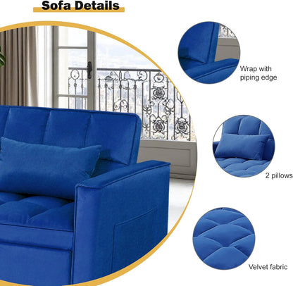 3 in 1 Sleeper Sofa Beds, Futon Sofa Bed for Living Room with Side Pocket, Sleepers Couch with Pullout Bed, Convertible Love Seat Sleepers Couch for Living Room, Bedroom, Small Space, Blue