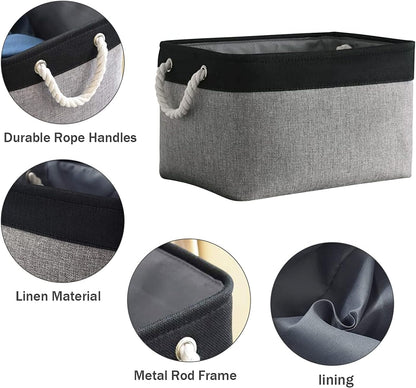 TcaFmac Storage Basket for Organizing - Large 4 Pack Canvas Decorative Storage Bins Baskets for Shelves with Ropes, Foldable Storage Cubes for Closet Cloth Toy Linen(Black & Grey 16x12x8 inch)