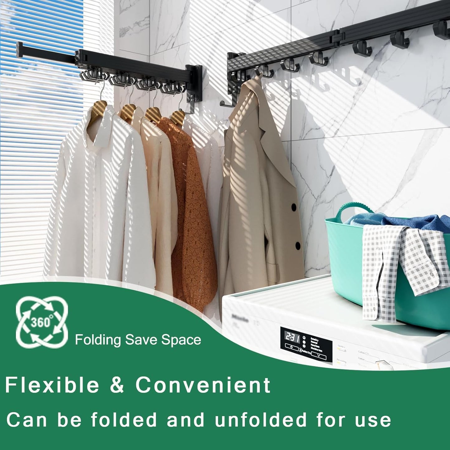 Wall Mount Clothes Drying Rack, Wall Mounted Drying Rack, Upgraded 3-Fold & Sturdy Laundry Drying Rack with 12 Dual-Side Hooks Space Saver for Laundry Room, Apartment, Dorms - Black