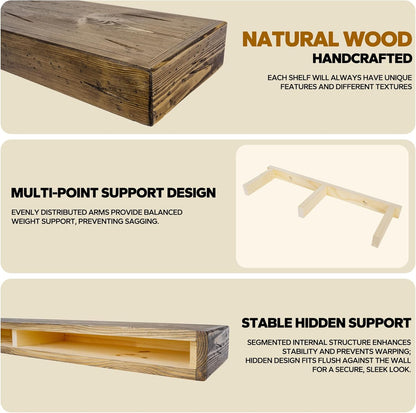 Floating Shelves 3 inch Thick for Wall Set of 2,Solid Pine Wood Wall Mount Shelf for Kitchen Living Room Bedroom Bathroom,8" D x 24" L x 3" H-Distressed Black Walnut