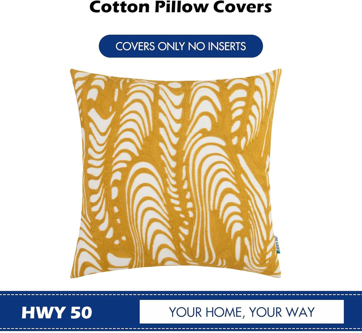HWY 50 Yellow Decorative Throw Pillow Covers 18x18 Inch (1 Piece), Embroidered Cotton Farmhouse Cushion Cover Pillow Case for Sofa Couch Living Room Bed, Texture