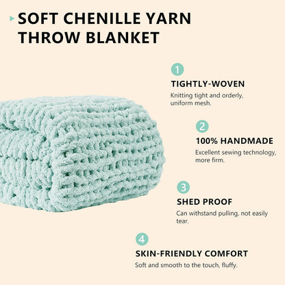 L'AGRATY Chunky Knit Blanket Throw: 60''x80'' Chenille Chunky Knitted Throw Blanket for Bed Couch - Handmade Thick Big Cable Knit Blanket - Large Crochet Rope Blanket for Home Decor(Mint Green)