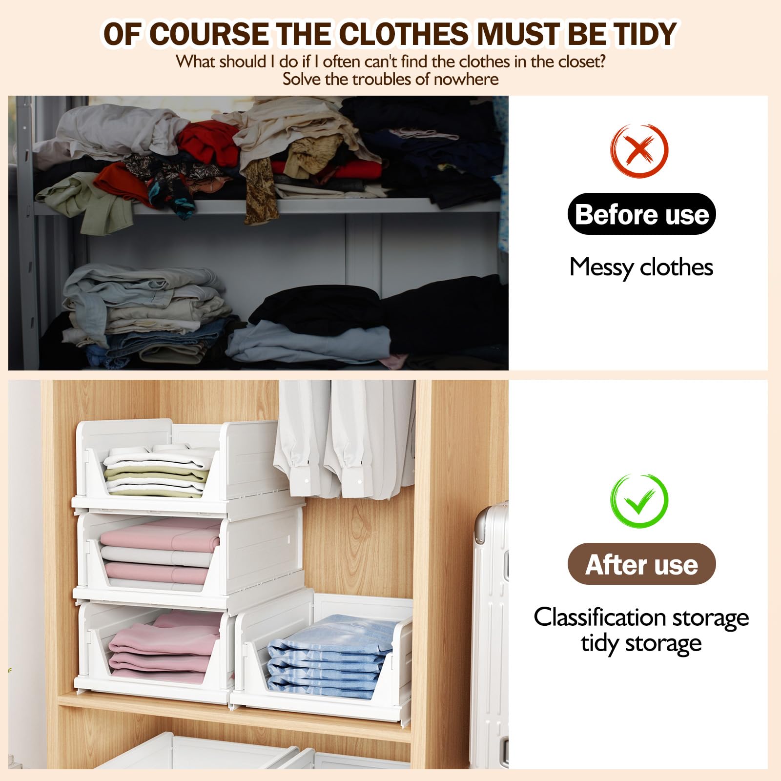6 Pack Folding Closet Organizers Storage Box, Stackable Storage Bins, Plastic Drawer Basket Closet