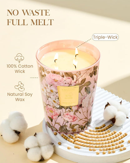 M&SENSE Extra Large Candle Rose Amber Scented, 3-Wick 35oz 150H Long Lasting, Natural Soy Wax Aromatherapy Candle for Stress Relief, Home Fragrance Housewarming Gifts Candle for Home Decor