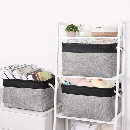 TheWarmHome Organization and Storage Basket for Shelves - 20x16x14 inch Jumbo 3 Pack Collapsible Storage Bins for Organizing, Fabric Storage Cubes for Organizer Gift Toy Closet (Black & Grey)