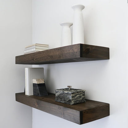 Modern Floating Shelves 3 Inches Thick for Wall, Wide Shelves for Kitchen, Living Room, Bedroom, and Bathroom, Natural Pine Wood, Rustic Wooden Shelf, (Set of 2) (Jacobean, 24Lx3Hx6D)