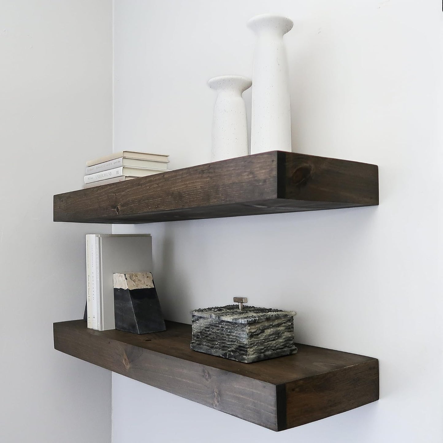 Modern Floating Shelves 3 Inches Thick for Wall, Wide Shelves for Kitchen, Living Room, Bedroom, and Bathroom, Natural Pine Wood, Rustic Wooden Shelf, (Set of 2) (Jacobean, 48Lx3Hx8D)