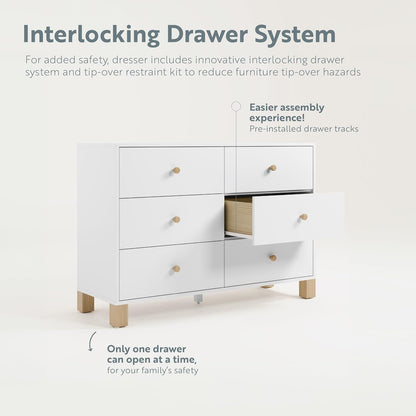 Storkcraft California 6-Drawer Double Dresser (White with Driftwood) - GREENGUARD Gold Certified, Interlocking Drawer System, Dresser Drawer Organizer for Kids Bedroom
