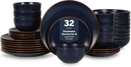 Stone Lain Brasa Modern Stoneware 32 Piece Dinnerware Sets, Plates and bowls Sets, Dish Set for 8, Blue