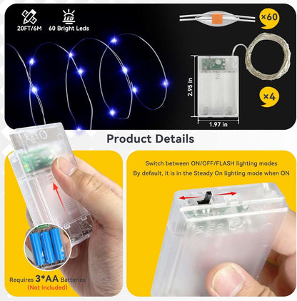 4 Pack 60LED Christmas Fairy Lights Battery Operated - 20FT Twinkle Lights with 2 Lighting Modes Indoor Outdoor, Waterproof Led Fairy String Lights for Bedroom, Classroom, Dorm, DIY Decor, Blue