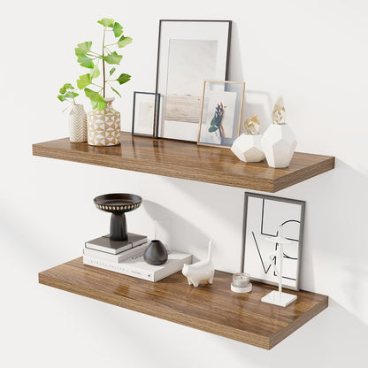 32" Floating Shelves for Wall, 12" Deep Slim Walnut Floating Shelves, Wall-Mounted Shelves for Bedroom, Living Room, Kitchen, Bathroom - Set of 2