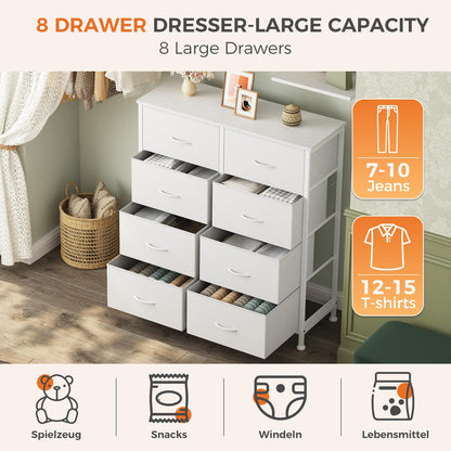 Sweetcrispy 8 Drawer Fabric White Dresser for Bedroom, Tall Double Dresser