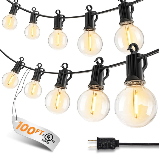 Outdoor-String-Lights-Paio-Lights, 100FT (50FT*2) 50+2 Shatterproof Bulbs Outdoor Patio Lights, IP65 Waterproof Connectable Hanging Outside Light for Backyard, Porch, Deck, Balcony, 2200K