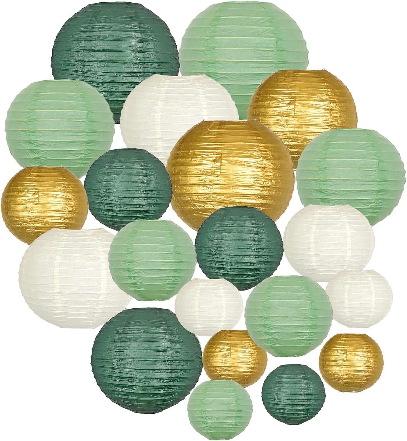 ADLKGG Sage Green Gold Paper Lanterns Decorative, Round Hanging Paper Lanterns for Graduation Wedding Bridal Shower Birthday Party Neutral Baby Shower Decorations, 21pcs