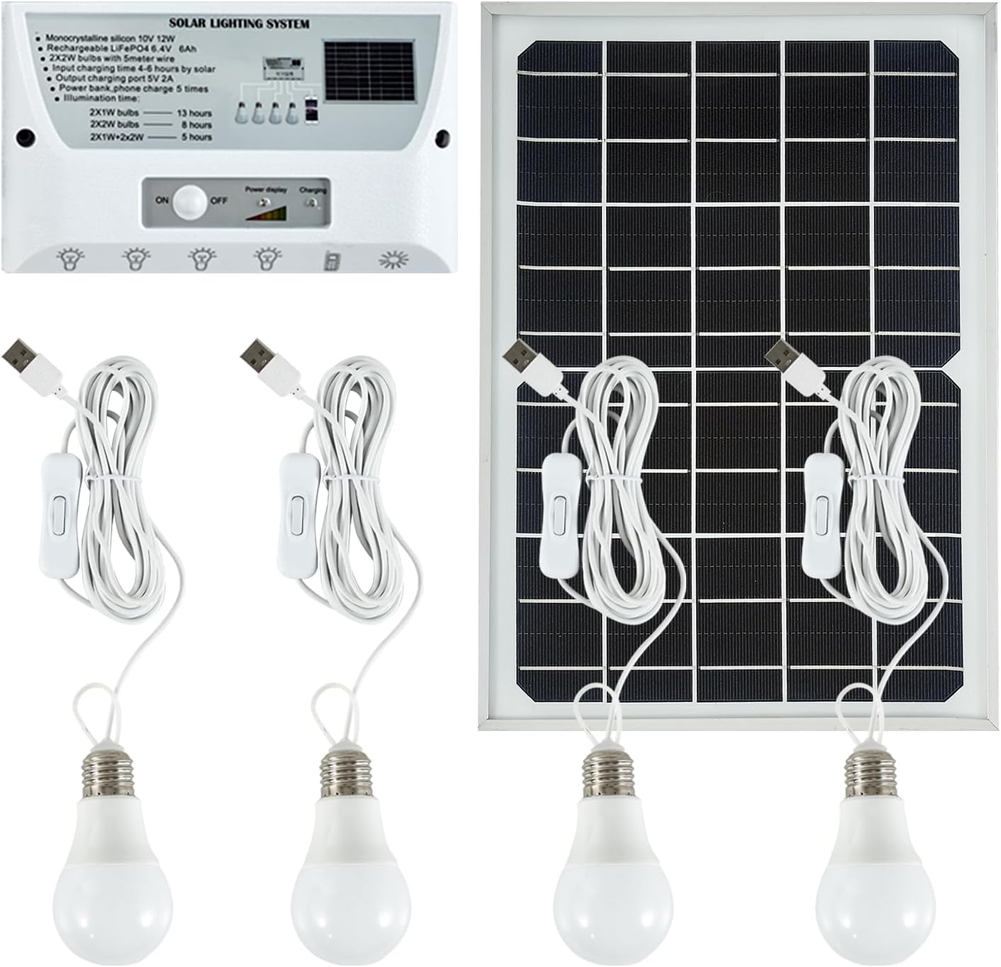 Solar Powered Indoor & Outdoor Pendant Lights with 4 LED Bulbs, Each 5m Cord, Waterproof, 6000mAh Battery for Yards, Gardens, Patios, Camping, RVs & Sheds