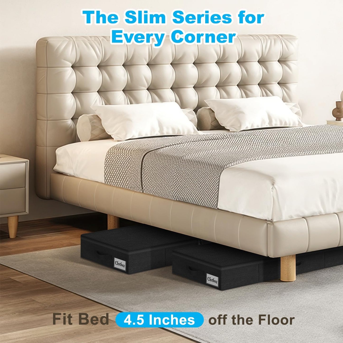 Under Bed Storage Container Bin 4 Pack, 4.5 Inch Slim Low Profile Underbed Clothes Storage Organizer for Dorm & Home, Use for Blanket and Toy Storage Box W/ Sturdy Bottom/Sides, Foldable Thick Fabric