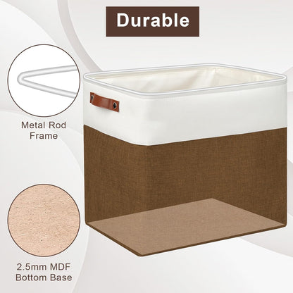 Large Fabric Storage Baskets | 50L Storage Bins, Decorative Linen Closet Baskets with Handles for Organizing, Shelf, Toys, Clothes, Home, Office, Nursery, 17x12x15Inches (Brown&White)