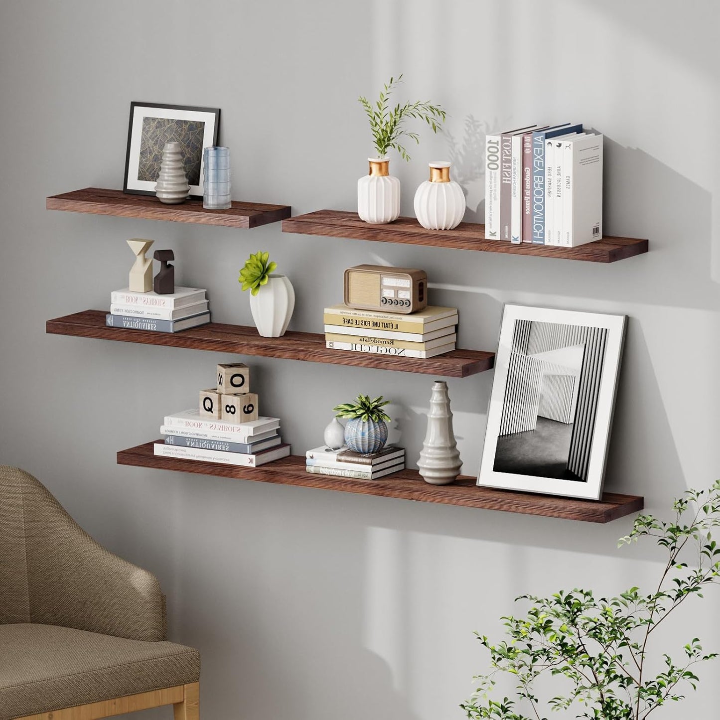 SAUMONIERES Floating Shelves 8 Inch Deep Solid Wood Wide Wall Shelf Set of 2 Wall Mounted for Bedroom Bathroom Living Room Kitchen, 24 Inch Walnut