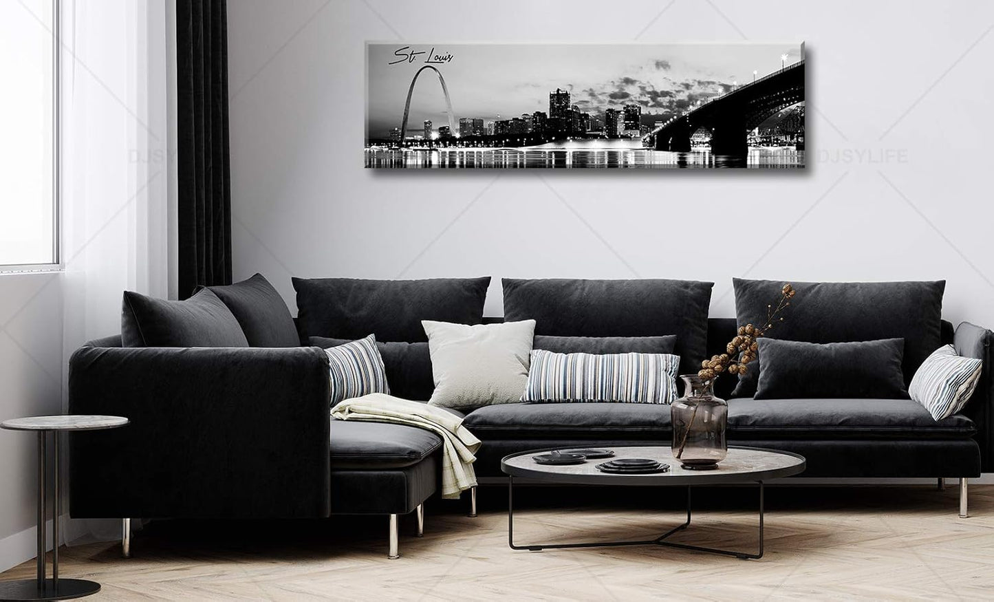 DJSYLIFE Panoramic St. Louis Skyline Wall Art Cityscape Picture Black and White Canvas Print Night View Urban Landscape Modern Artwork Office Bedroom Decor Framed and Ready to Hang 13.8"x47.3"