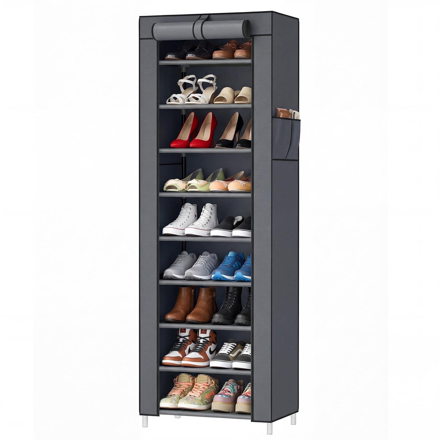 SONGMICS Home Shoe Rack 10-Tier, Tall Narrow Metal Shoe Organizer with Dust Cover, 11.2 x 19.1 x