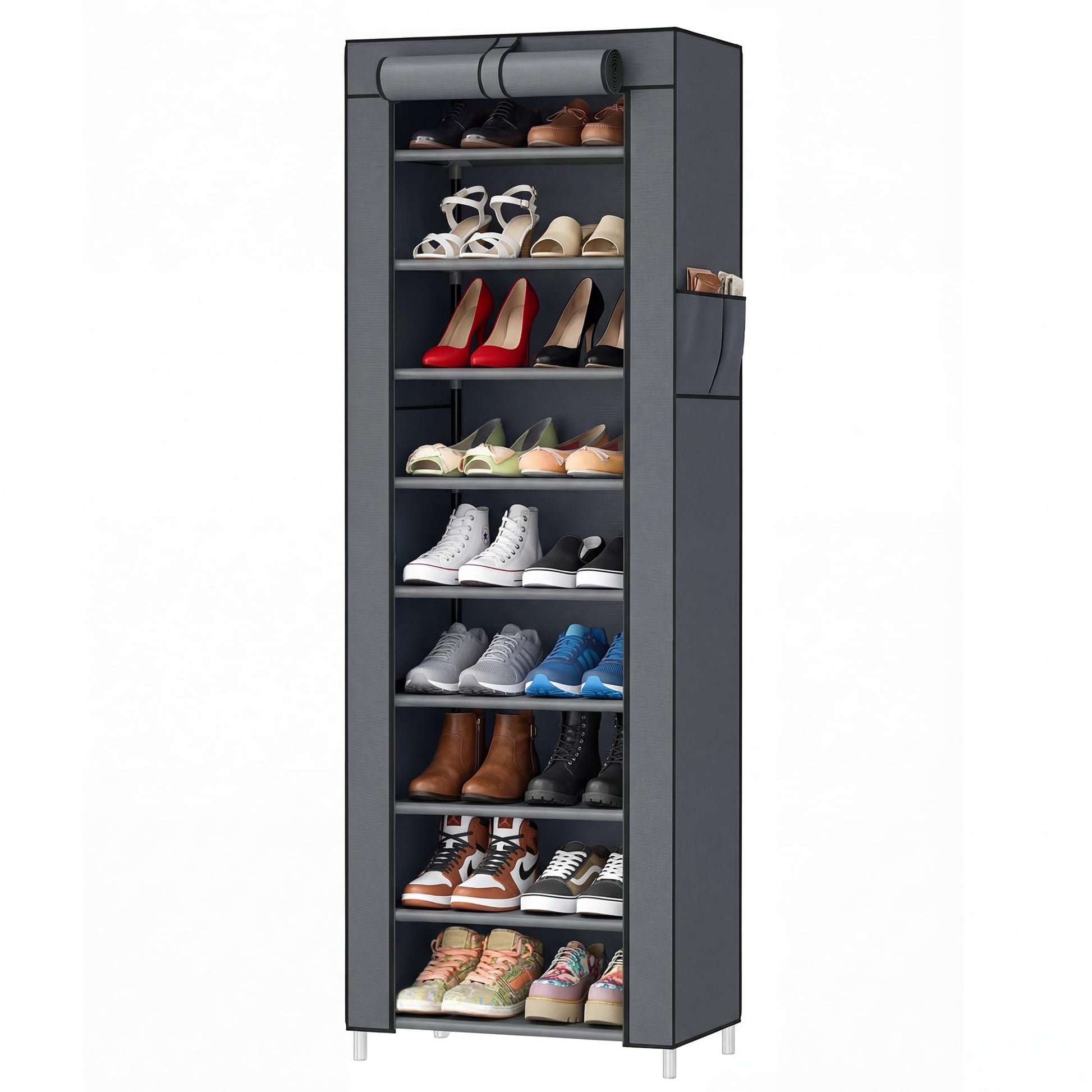 SONGMICS Home Shoe Rack 10-Tier, Tall Narrow Metal Shoe Organizer with Dust Cover, 11.2 x 19.1 x