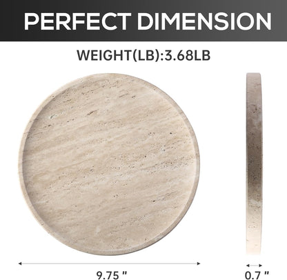 BCS Natural Travertine Tray, 9.8" Round Decorative Marble Vanity Tray for Bathroom Countertop, Kitchen Counter, Coffee Table, or Catchall, Stone Organizer for Jewelry, Perfume, Candles, Home Decor