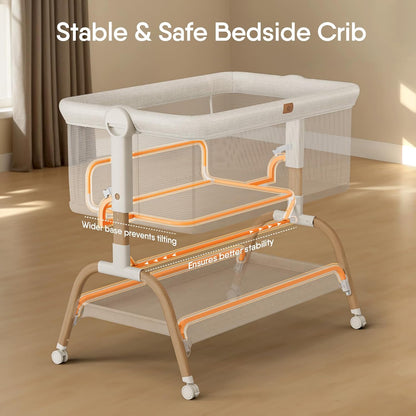 Baby Bassinet Bedside Crib, 3-in-1 Baby Bassinet Bedside Sleeper with Mattress and Soft, Breathable Sheet, Full-Mesh Sides, 6-Height Adjustable, Stable and Secure Crib for Newborns