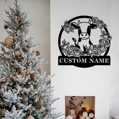 Custom Cow Metal Sign, Personalized Family Name Wall Art, Farm Customized Decor Gifts for Housewarming, Flower Plaque for Farmhouse Bedroom Outside Garden Yard Ranch