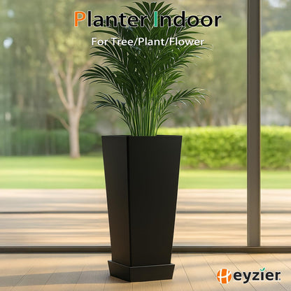 Tall Planters for Outdoor Plants, Large Resin Flower Pots with Saucers for Garden, Front Porch, Patio, Indoor - Set of 2 (Black, 30 inch - 2 Pack)