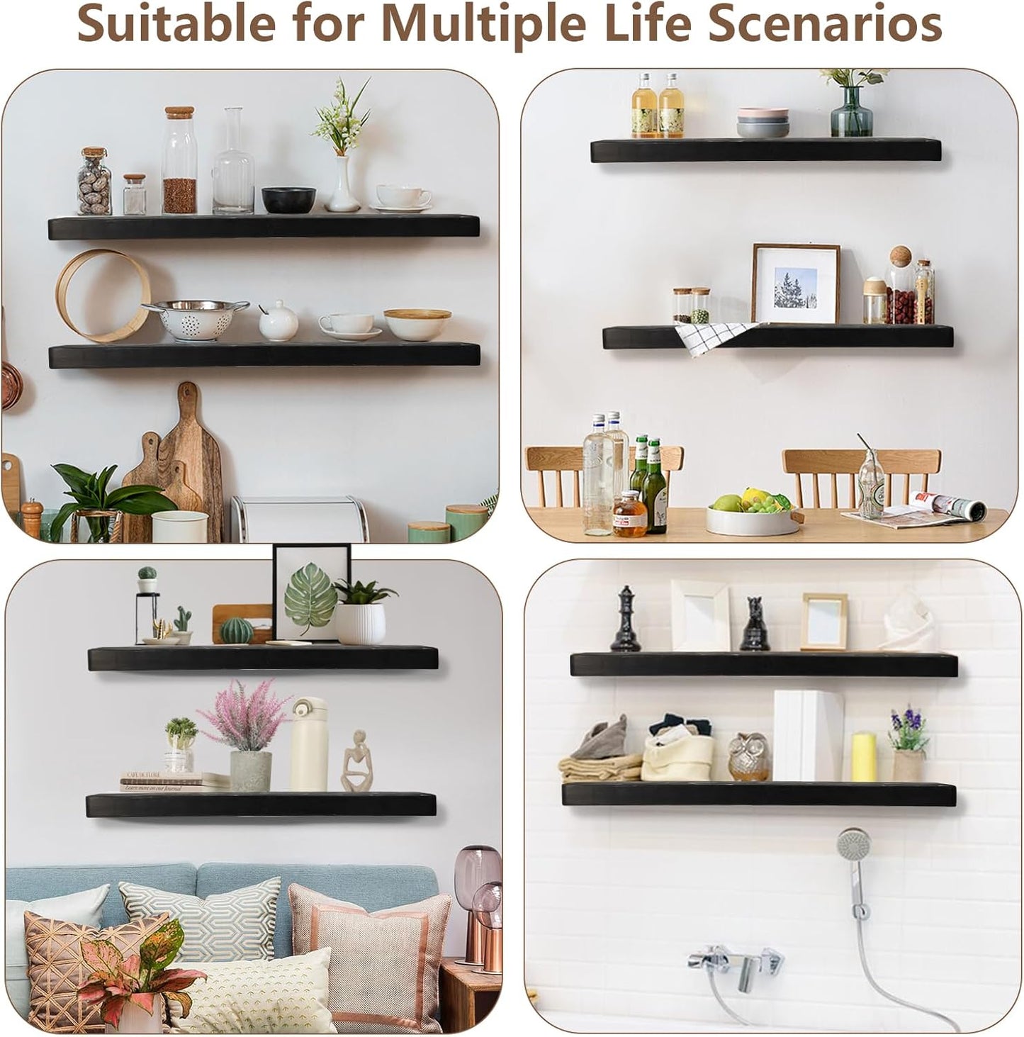 Solid Wood Floating Shelves Set of 2 - Natural, Warp & Crack Resistant 23.62 Inch Wall Shelf with Invisible Brackets Thicker, More Durable for Bathroom, Bedroom, Kitchen, Living Room (Black, 23.62)