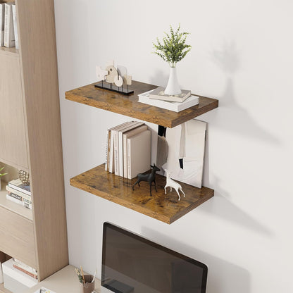 24" Floating Shelves for Wall, 12" Deep Slim Rustic Brown Floating Shelves, Wall-Mounted Shelves for Bedroom, Living Room, Kitchen, Bathroom - Set of 2